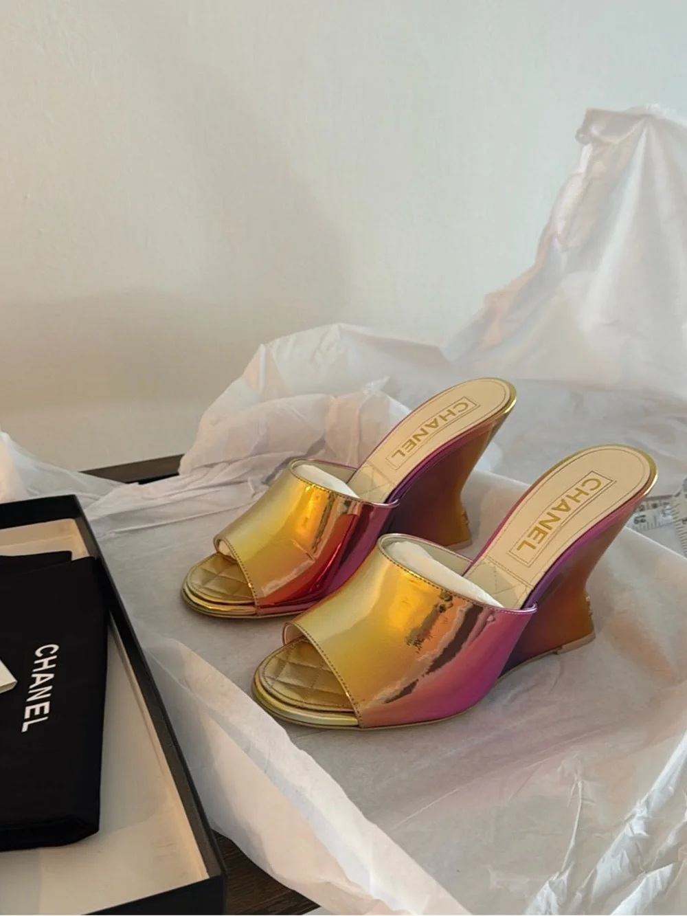CHANEL Laminated Calfskin Wedge Mules 37.5 Pink Orange Yellow Multicolor CC logo